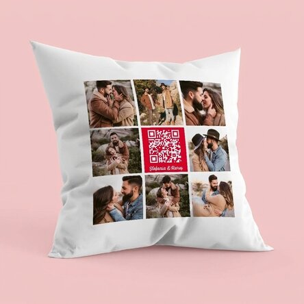 Personalisiertes Kissen mit 8 Fotos, Text und QR-Code – Unser Lied
