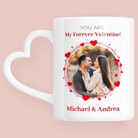 Personalisierter Becher mit Foto und Text – Forever – Modell mit herzförmigem Henkel