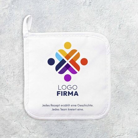 Individuell gestalteter Untersetzer für heiße Töpfe mit Logo und Text