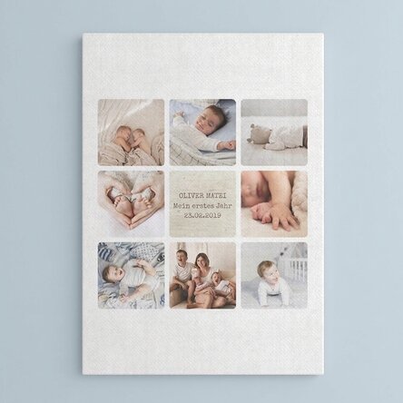 Individuell gestaltetes Leinwandbild mit Text und 8 Fotos – Das erste Lebensjahr des Babys