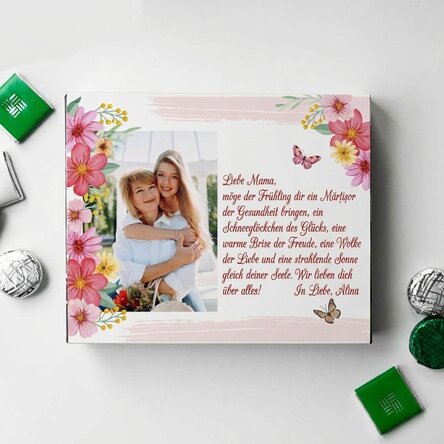 Personalisierte Pralinenschachtel mit Foto und Botschaft – Frühling