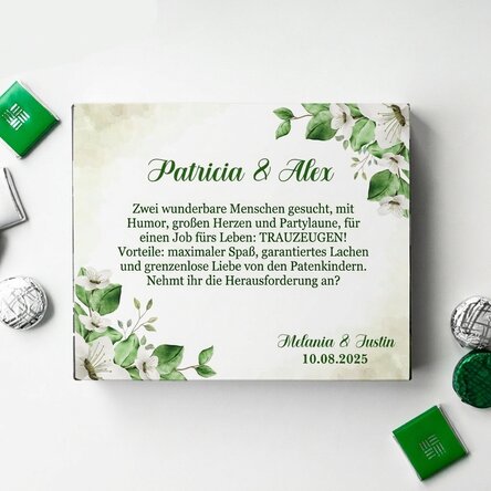 Personalisierte Pralinenschachtel mit Text – Bitte um die Patenschaft