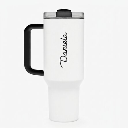 Thermosbecher mit Griff und Strohhalm, individuell mit Namen bedruckt