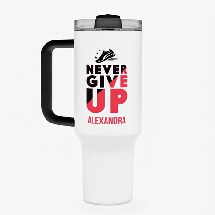 Thermosflasche mit Henkel und Strohhalm, personalisiert mit Namen – Never give up