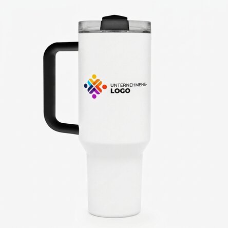 Thermosbecher mit Griff und Strohhalm, individuell mit Logo bedruckt