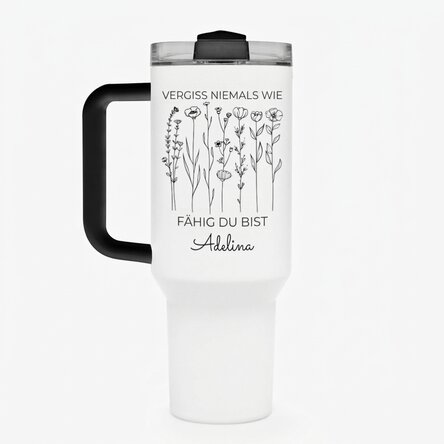 Thermosbecher mit Henkel und Strohhalm, individuell mit Text bedruckt – Flowers