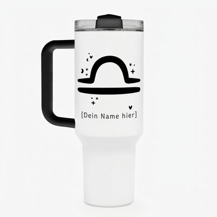 Thermosbecher mit Griff und Strohhalm, individuell mit Text bedruckt – Sternzeichen Waage