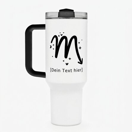 Thermosbecher mit Griff und Strohhalm, individuell mit Text bedruckt – Sternzeichen Skorpion