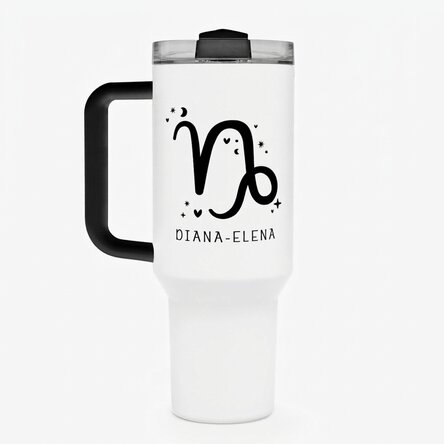Thermosbecher mit Griff und Strohhalm, individuell mit Text bedruckt – Sternzeichen Steinbock