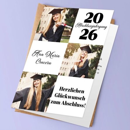 Personalisierte Grußkarte mit 3 Fotos und Text – Schulabschluss