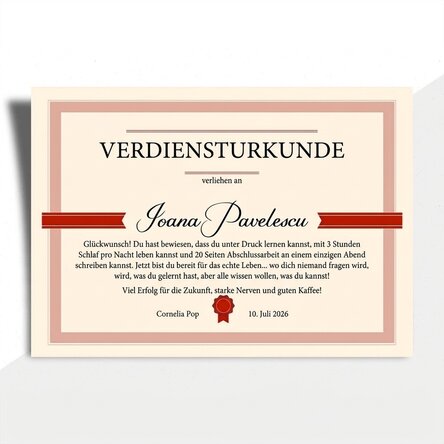 Individuell gestaltete Urkunde mit Text – Verdiensturkunde