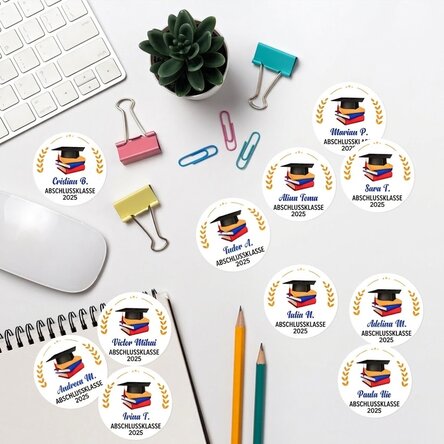 Set mit 12 individuell gestalteten Aufklebern (selbstklebende Etiketten) mit Botschaft – Schulabschl