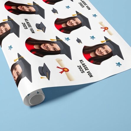 Individuell gestaltetes Geschenkpapier mit Foto und Text – Schulabschluss