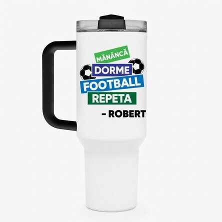 Thermosbecher mit Griff und Strohhalm, individuell mit Namen bedruckt – Fußball