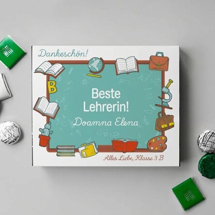 Personalisierte Pralinenschachtel mit Dankesbotschaft für Lehrer