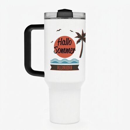 Thermosbecher mit Griff und Strohhalm, individuell mit Text bedruckt – Summer Vibes