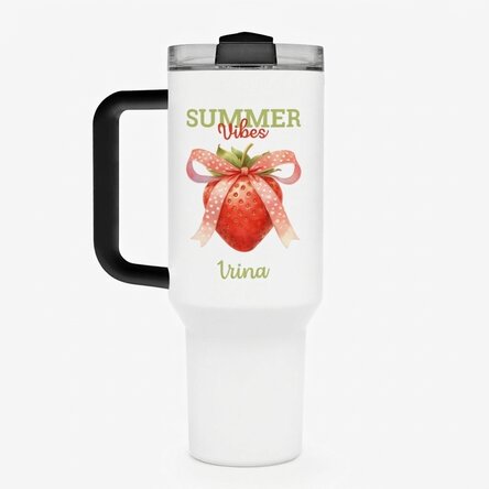 Thermosbecher mit Griff und Strohhalm, individuell mit einer Botschaft bedruckt – Summer Vibes