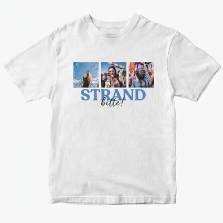Personalisiertes Baumwoll-T-Shirt mit 3 Fotos und einem Spruch – „Beach, please!“