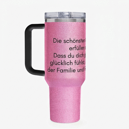Thermosbecher mit Henkel und Strohhalm, individuell gestaltet mit einer Botschaft für deine Liebsten