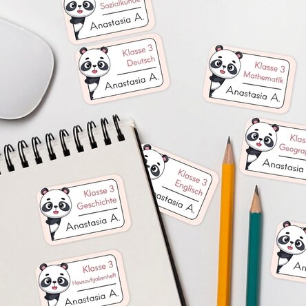 Set mit 8 personalisierten Aufklebern (selbstklebende Etiketten) für die Schule – Panda