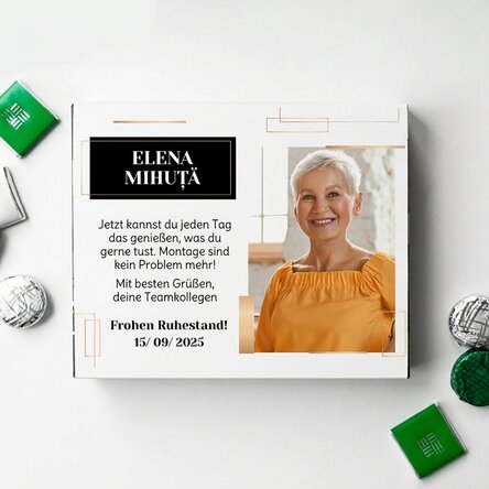 Personalisierte Pralinenschachtel mit Botschaft und Foto – Ruhestand