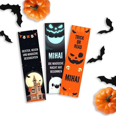 Set mit 3 personalisierten Lesezeichen mit Text – Trick or read