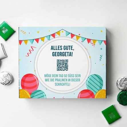 Personalisierte Pralinenschachtel mit Botschaft und QR-Code – Herzlichen Glückwunsch zum Geburtstag!
