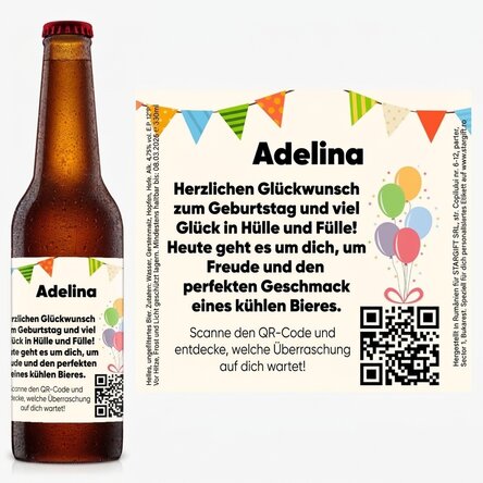 Individuell gestaltetes Bier mit Text und QR-Code – Geburtstag
