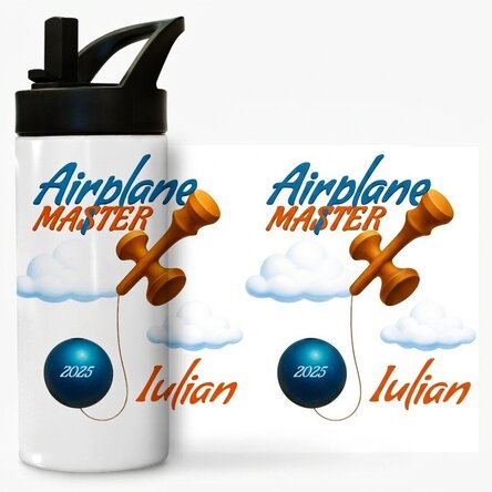 Thermosflasche mit Griff und personalisiertem Strohhalm mit Namen für Kinder – Airplane Master