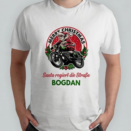 Personalisiertes Baumwoll-T-Shirt mit Aufdruck – Der Motorrad-Weihnachtsmann