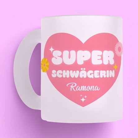 Personalisierter Glasbecher mit Aufdruck – „Super Schwägerin“