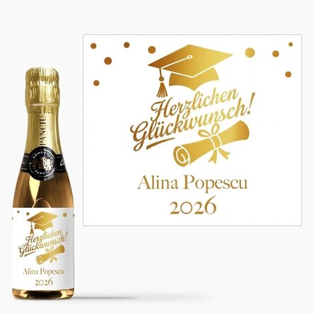 Kleine Flasche Sekt mit personalisiertem Text zum Schulabschluss – Gold