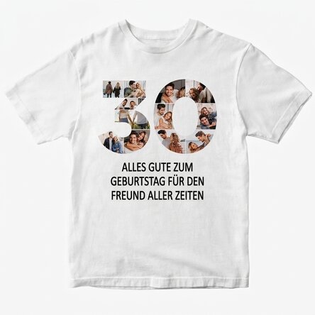 Personalisiertes Baumwoll-T-Shirt mit 12 Fotos und einer Botschaft – 30 Jahre