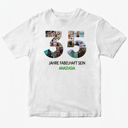 Personalisiertes Baumwoll-T-Shirt mit 12 Fotos und einer Botschaft – 35 Jahre