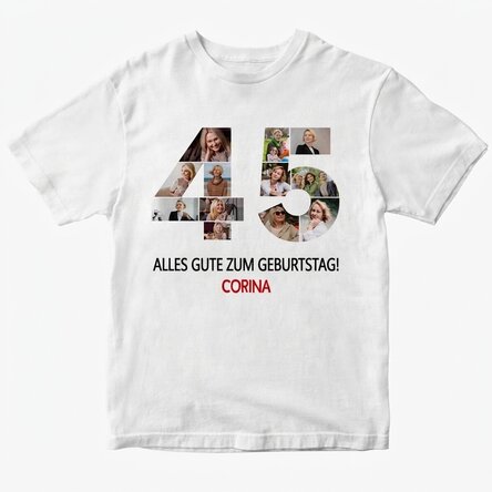 Personalisiertes Baumwoll-T-Shirt mit 12 Fotos und einer Botschaft – 45 Jahre
