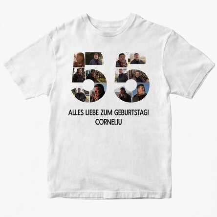 Personalisiertes Baumwoll-T-Shirt mit 12 Fotos und einer Botschaft – 55 Jahre