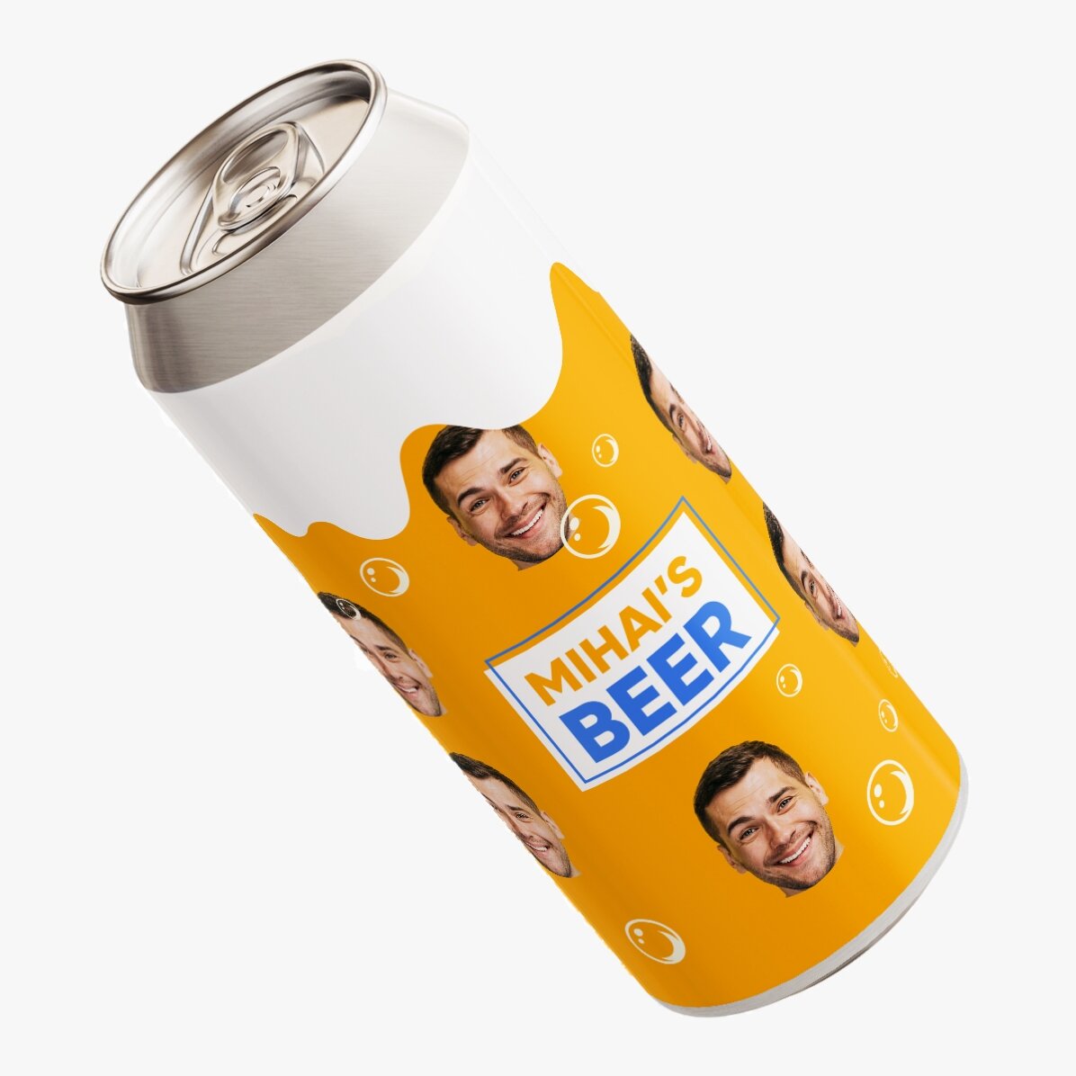 Bier in einer individuell gestalteten Dose mit Text und Foto