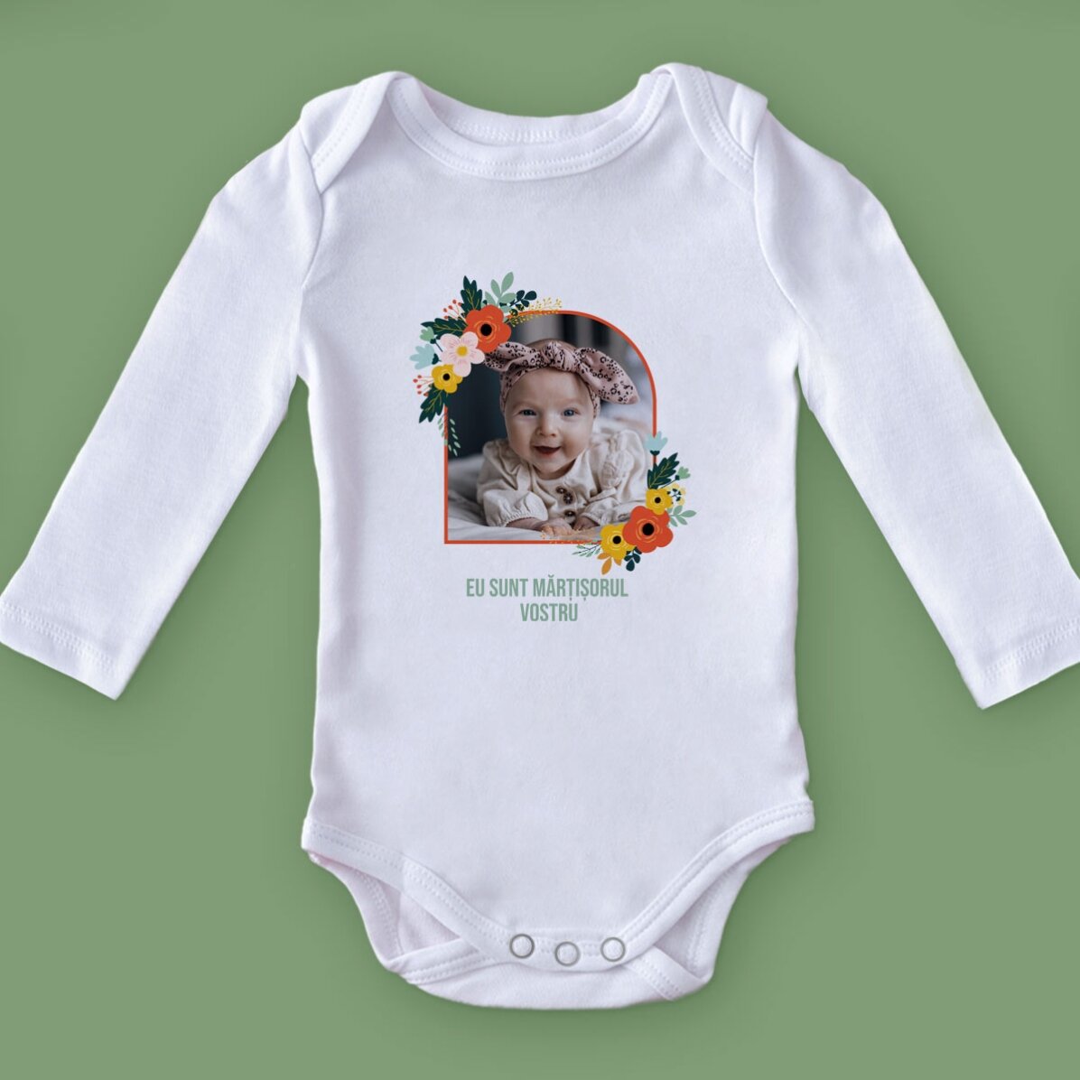 Personalisierter Babybody mit Foto und Text – Blumen