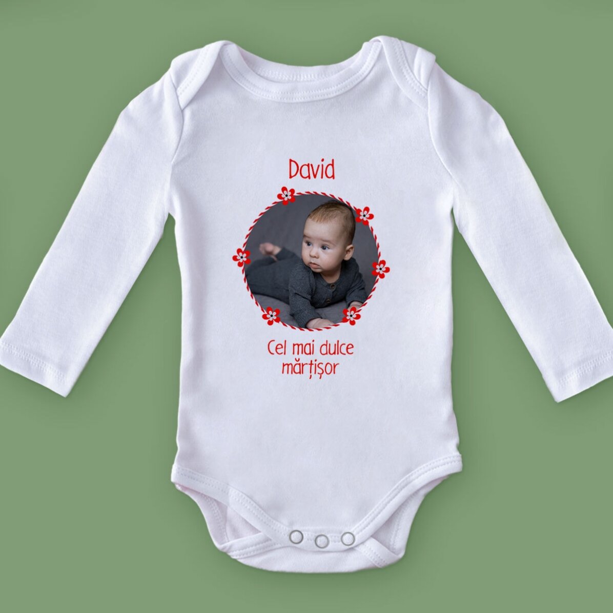Personalisierter Baby-Body mit Foto und Text