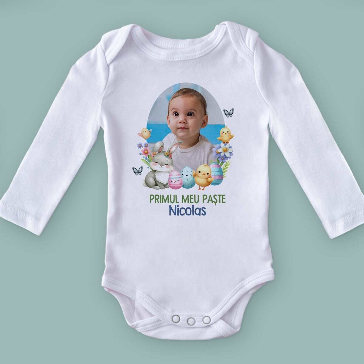 Personalisierter Baby-Body mit Foto und Botschaft – Mein erstes Osterfest