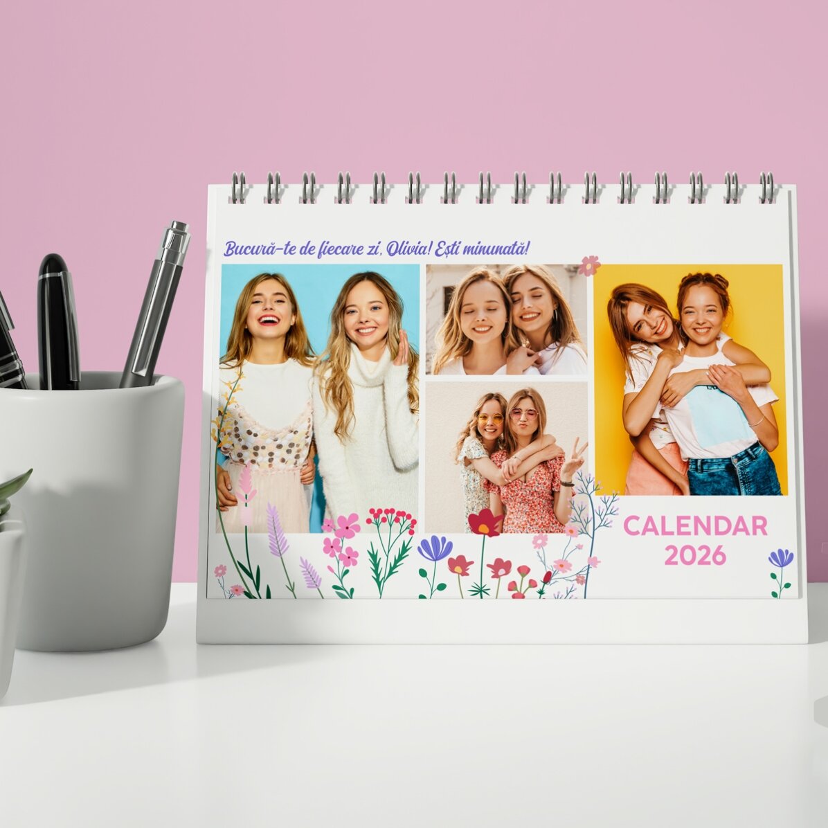 Personalisierter Tischkalender mit Fotos und Text – Floral