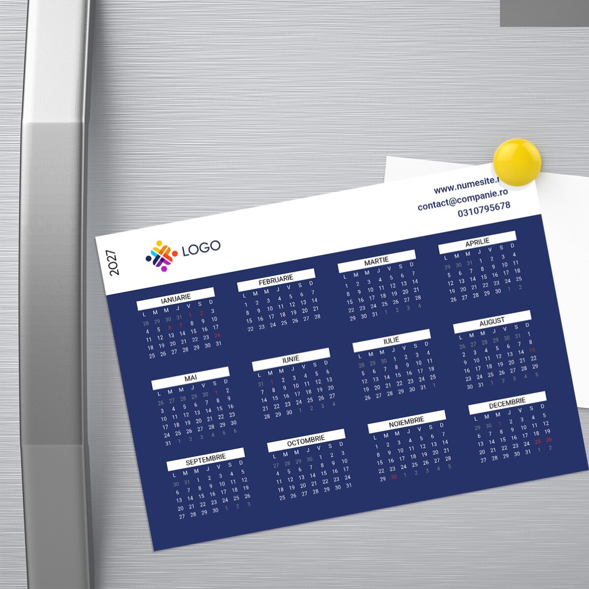 Personalisierter Magnetkalender mit Botschaft und Logo