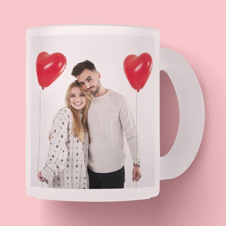 Personalisierter Glasbecher mit einem Foto und einem Text