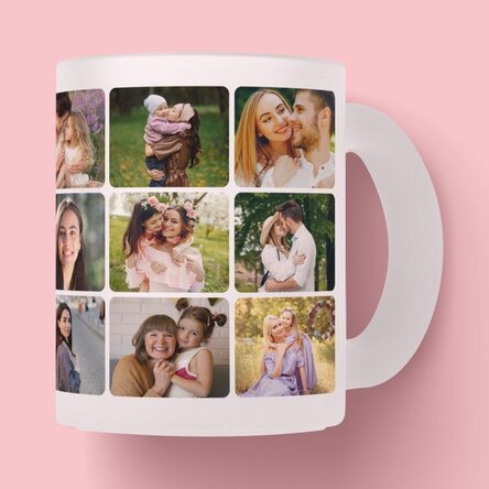 Personalisierter Glasbecher mit einer Collage aus 18 Fotos