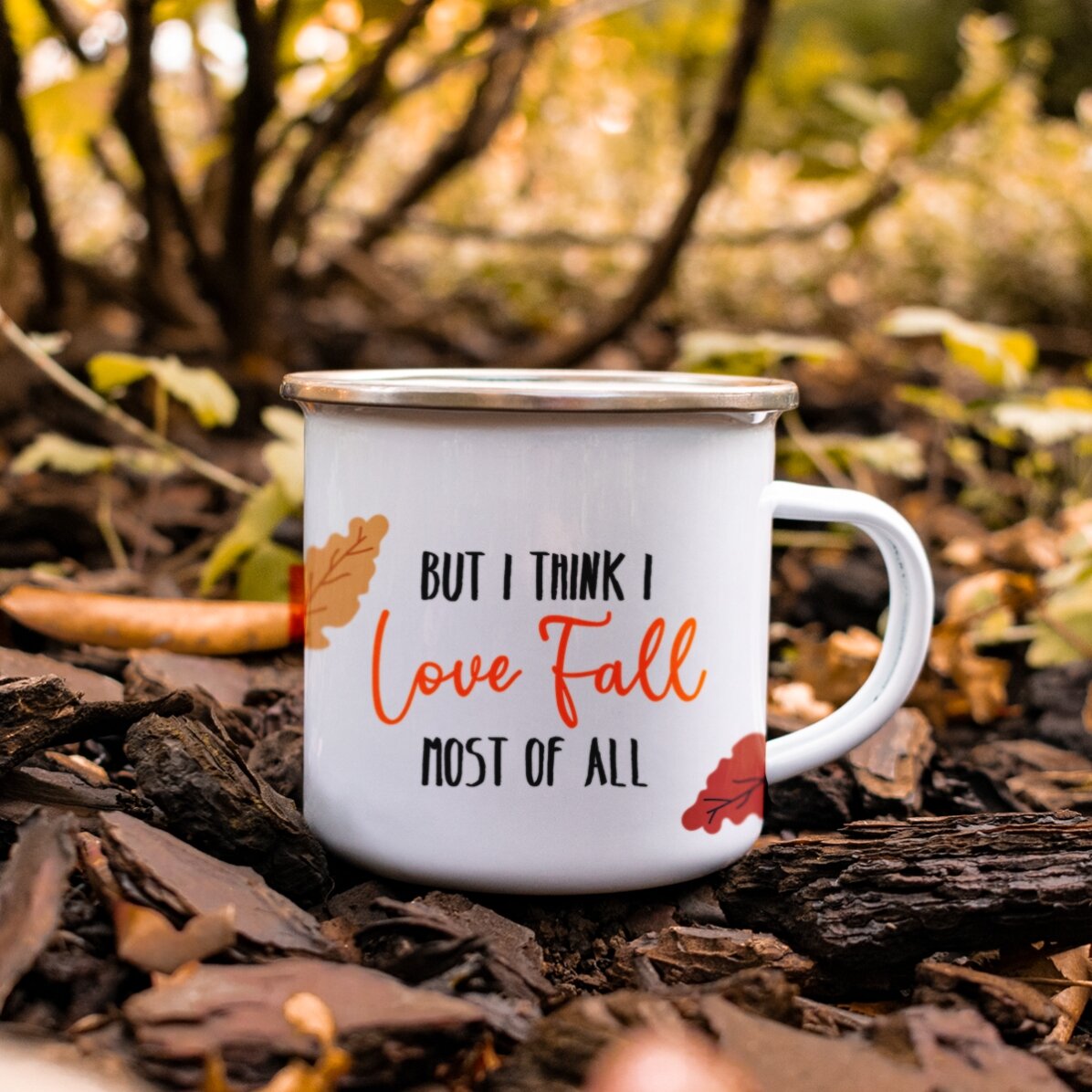 Emaillierter Metallbecher mit Aufdruck – „I love fall“