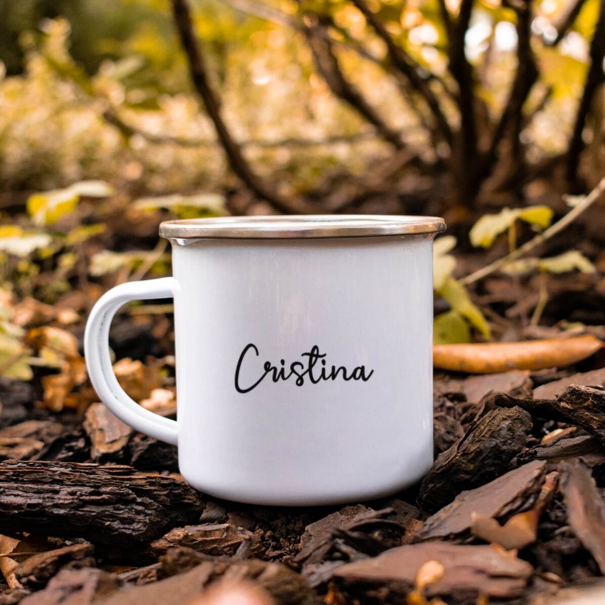 Emaillierter Metallbecher mit Aufdruck – „I love fall“