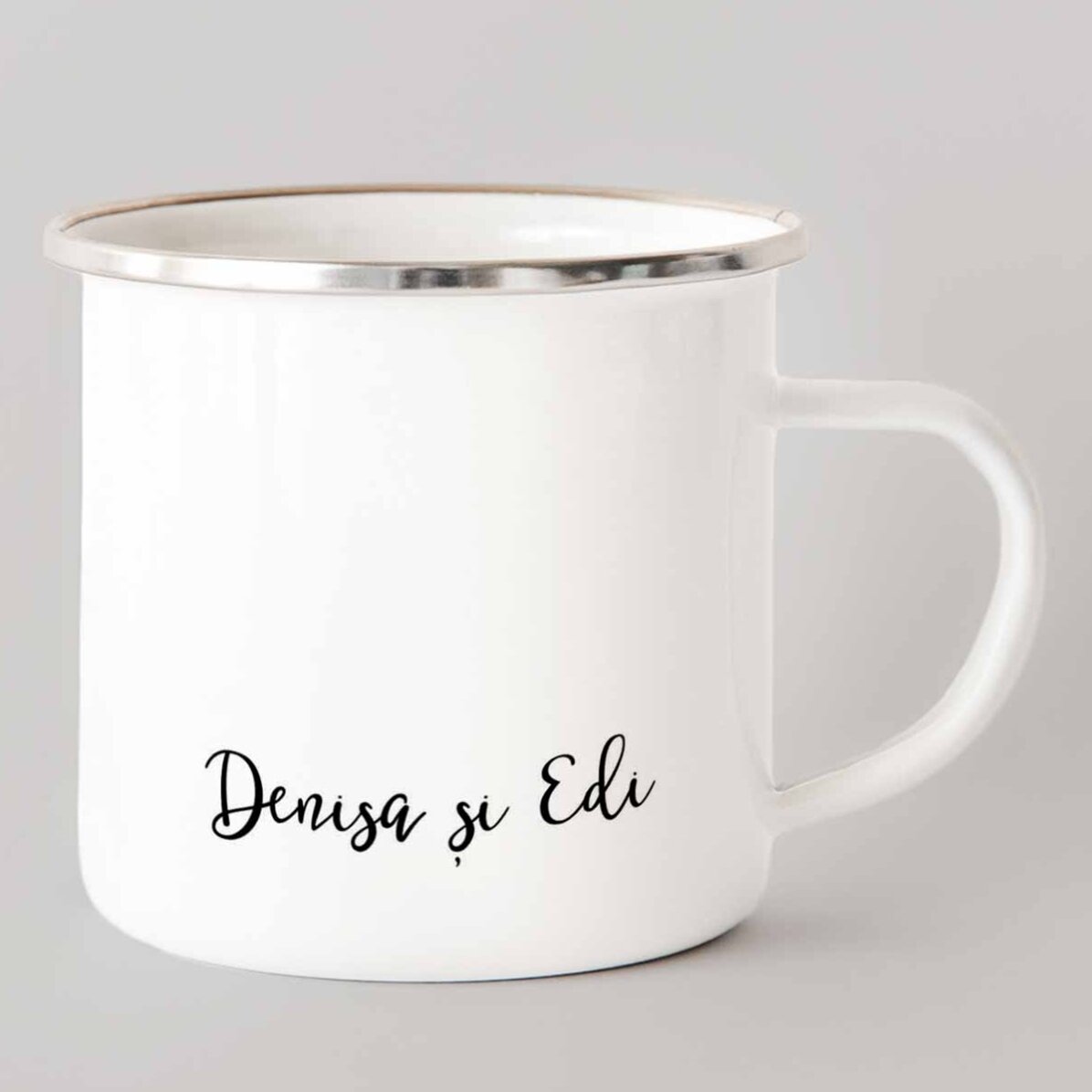 Personalisierte emaillierte Metalltasse mit Foto und Text – Herz-Motiv