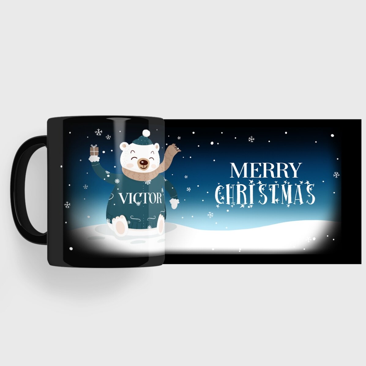 Personalisierte schwarze Tasse mit deinem Namen und einem Text – Happy Bear