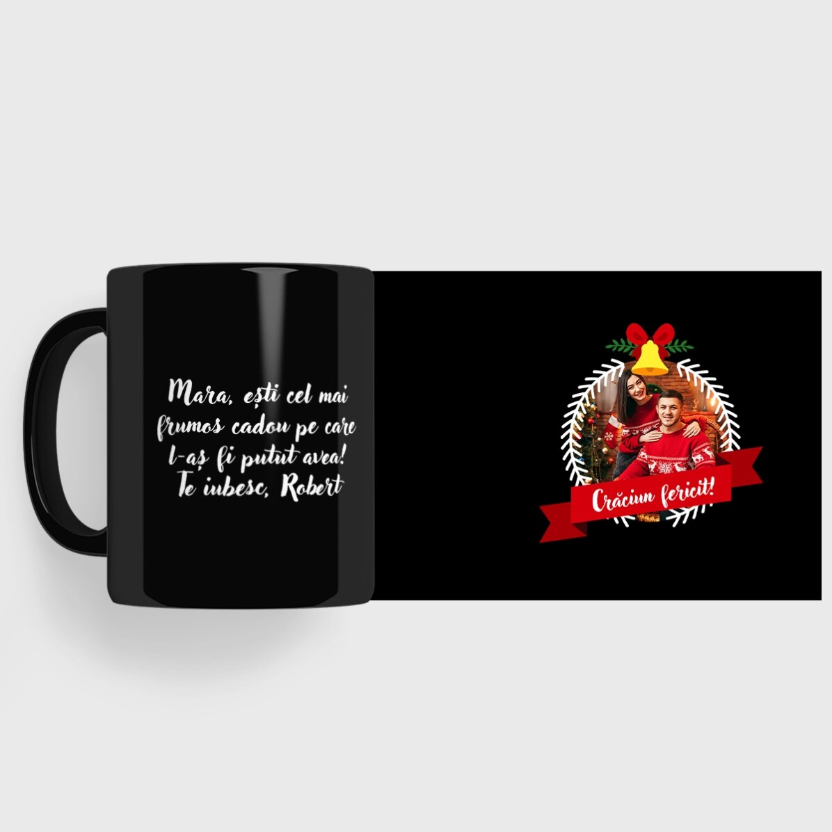 Personalisierte schwarze Tasse mit Foto und Text – Merry Christmas