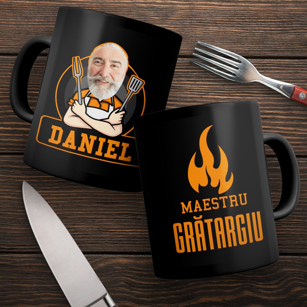 Personalisierter schwarzer Becher mit Aufdruck für Grillfans